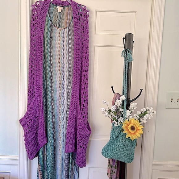 Scandinavian Violet Purple Euro Wrap Open Knit Slouchy Pocket Artisan Corner NEW - Picture 10 of 16